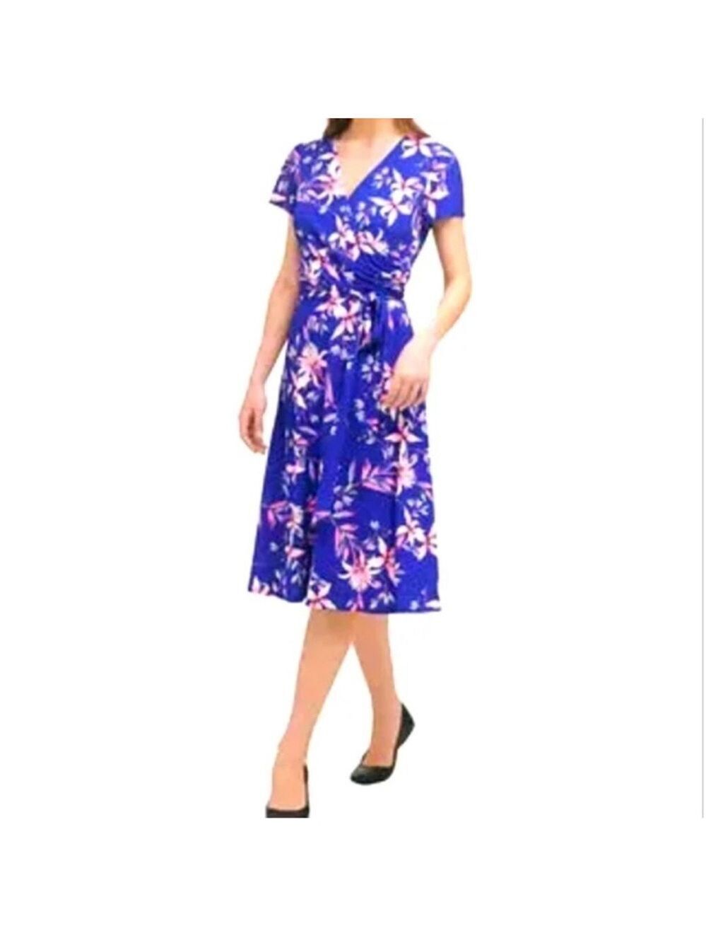 Eliza J Blue Pink V-Neck Flutter Sleeve Midi Dress Small